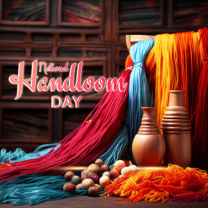 Colorful yarns and wooden tools celebrating National Handloom Day