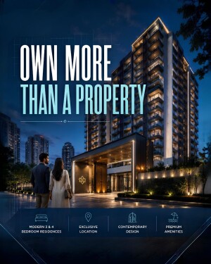 A couple standing in front of a modern illuminated high-rise luxury apartment building at night with text overlay promoting 3 and 4 bedroom residences.