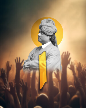 Portrait of Swami Vivekananda with a crowd of raised hands