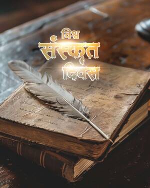 An old book with a feather and Sanskrit text overlay