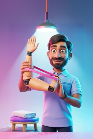Cartoon illustration of a man with a robotic arm, showcasing prosthetic technology.