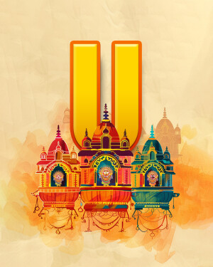 Letter U designed with Orissa temple motifs and watercolor background