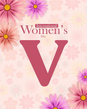 Floral design with the text 'International Women's Day' and a large letter 'V'