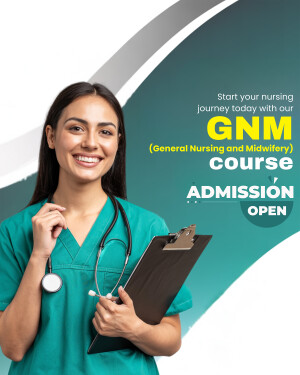 A smiling female nurse with a stethoscope and clipboard promoting GNM course admission.