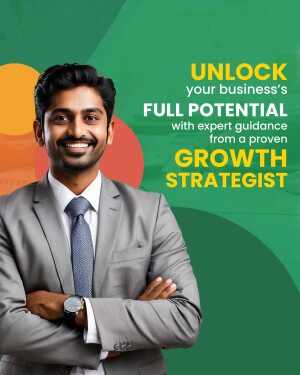 Professional man in a suit with text overlay promoting business growth strategy.