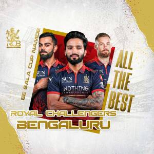 Virat Kohli and other RCB cricketers in a promotional graphic with the text All The Best