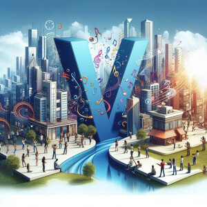 A large blue letter 'V' shaped like a cityscape with musical notes and a river flowing through it.