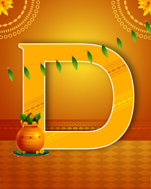 Decorative letter 'D' with Diwali themed elements