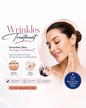 A woman with radiant skin advertising professional wrinkle treatment services for smoother skin and boosted collagen