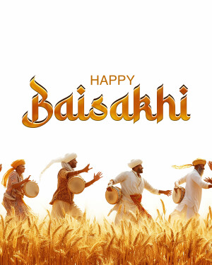 Happy Baisakhi greeting with people celebrating and playing drums in a wheat field.