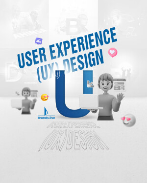 Illustration depicting User Experience (UX) Design with 3D elements and text.