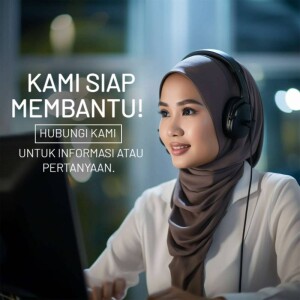 Smiling woman wearing a headset working at a computer, with text in Indonesian promoting customer support.