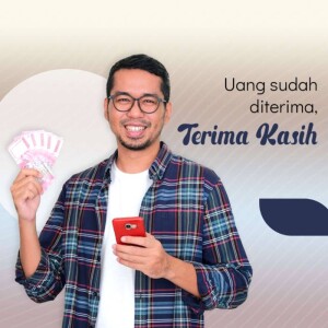 Man holding money and phone, with text 'Terima Kasih'
