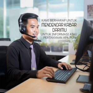 A smiling customer support representative wearing a headset and working at a computer.