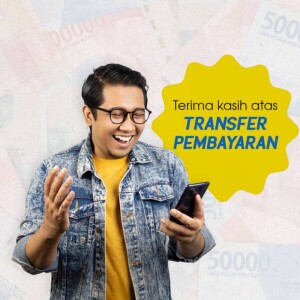 A smiling man looking at his phone with Indonesian Rupiah banknotes in the background, indicating a successful money transfer.