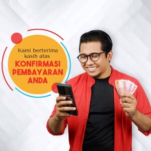 Man smiling while looking at his phone and holding money, with a payment confirmation message.