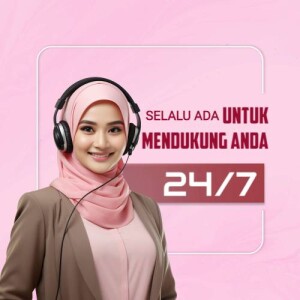 Woman wearing headphones and hijab smiling, with text indicating 24/7 support.