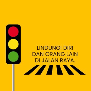 Image of a traffic light showing red, yellow, and green with a pedestrian crossing and text promoting road safety.