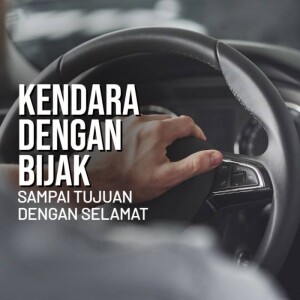 Hands on steering wheel with text overlay promoting safe driving.
