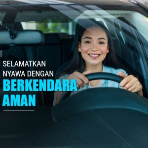 Young woman smiling while driving a car with a safety message overlay.