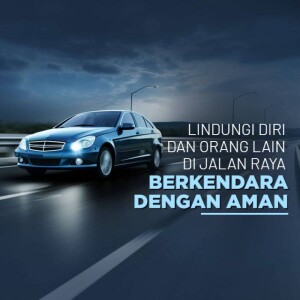 Blue sedan driving on a wet road with text promoting safe driving.