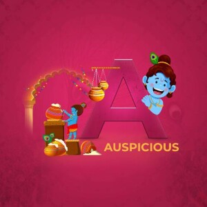 Illustration of baby Krishna with the letter 'A' and traditional decorations