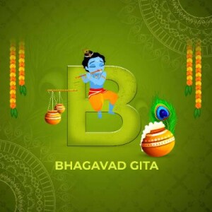 Illustration of Lord Krishna with the letter 'B' and traditional decorations for Bhagavad Gita