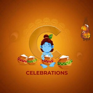 Illustration of baby Krishna with pots of butter and the letter 'C'