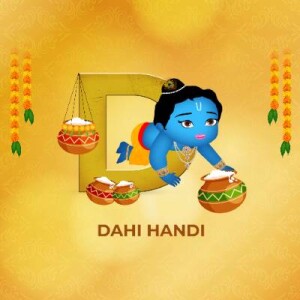 Illustration of Baby Krishna breaking a Dahi Handi pot
