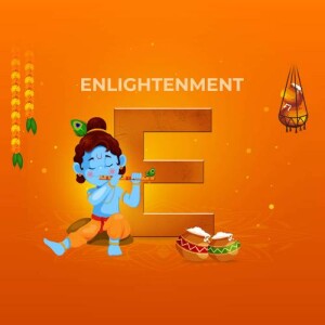 Illustration of baby Krishna playing a flute with the letter 'E' and festive decorations.