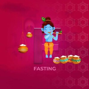 Illustration of Lord Krishna playing a flute with decorative pots and the text 'Fasting'