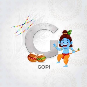 Illustration of baby Krishna with the letter G and traditional Indian drums