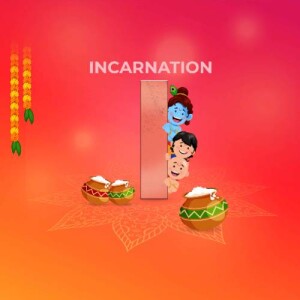 Illustration of Lord Krishna with a child and festive decorations for Janmashtami.