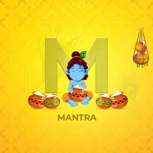 Illustration of baby Krishna with drums and the letter 'M' with the word 'Mantra' below.