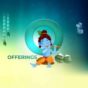 Illustration of baby Krishna playing the flute with festive decorations