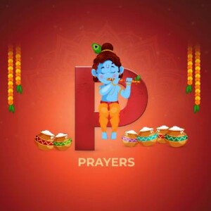 Illustration of baby Krishna playing a flute with pots and the letter 'P' for Prayers