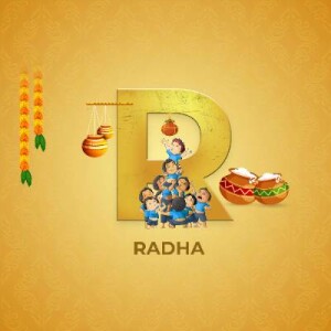 Illustration of the letter 'R' decorated with elements of the Krishna Janmashtami festival.