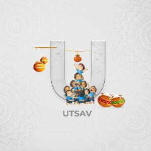 Illustration of a Dahi Handi pyramid with pots hanging and the text 'UTSAV'