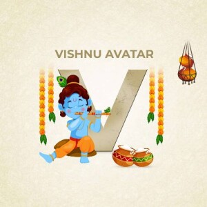 Illustration of Lord Krishna playing the flute with the letter 'V' and traditional decorations.