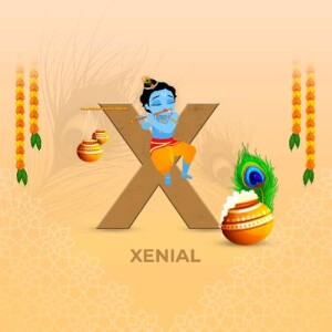 Illustration of Lord Krishna playing a flute, integrated with the letter 'X' and festive decorations.