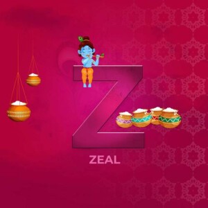 Illustration of Lord Krishna with hanging pots and the letter 'Z' with the word 'Zeal' below.
