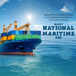 Cargo ship on the ocean with text 'Happy National Maritime Day'