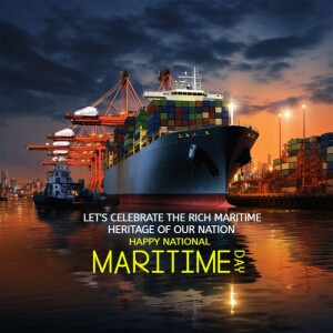 Container ship at a port with cranes, celebrating National Maritime Day