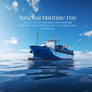 Image depicting a cargo ship on the ocean with text celebrating National Maritime Day.