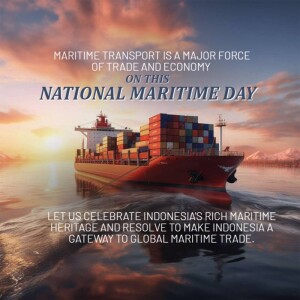 Container ship sailing on the ocean with text celebrating National Maritime Day in Indonesia