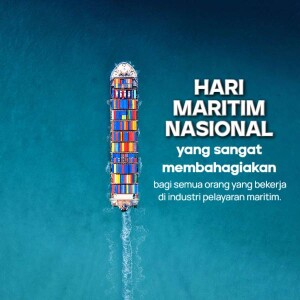 Aerial view of a cargo ship with text 'Hari Maritim Nasional' (National Maritime Day)