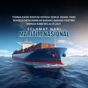 Container ship sailing on the ocean with text 'Selamat Hari Maritim Nasional'