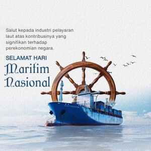Image depicting a ship's wheel, cargo ship, and seagulls with text celebrating National Maritime Day.