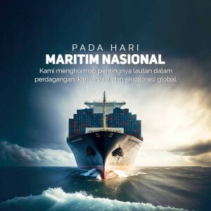 Container ship sailing on a stormy sea with text 'National Maritime Day'