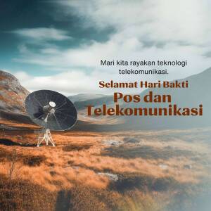 Satellite dish in a landscape with text celebrating Indonesian Telecommunications Day